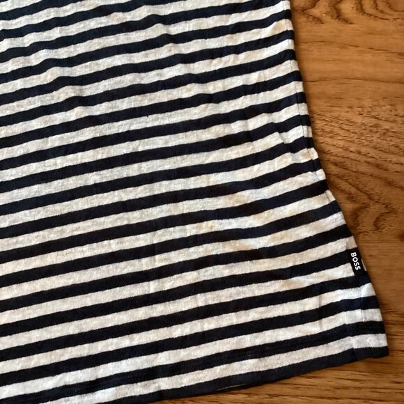 NEW! HUGO BOSS MEN'S Pure Linen Regular-fit T-shirt Blue Stripe MEDIUM CLASSIC - Picture 4 of 5
